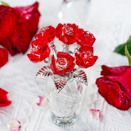 Red Crystal Rose Flower Figurine with Base,Glass Flower Bouquet Gifts for Women Girlfriend Wife,Handmade Crystal Flower Collectible Home Table Decor for Christmas Day Wedding Anniversary - color: Red 2