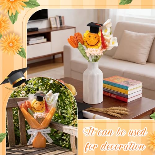 2026 Graduation Crochet Flowers Bouquet Gifts Class of 2026 Graduation Gift for Her Sunflower Mortarboard with Greeting Cards Bag Handmade Knitted Artificial Flowers for Grad(Yellow) - color: Yellow