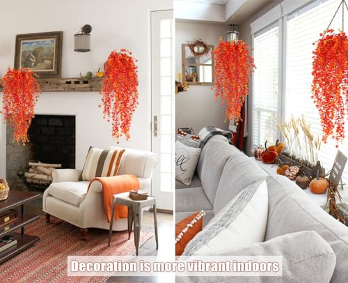 RECUTMS Artificial Hanging Plants Fall Faux Eucalyptus Leaf Fake Hanging Plants Fall Hanging Vines Artificial Flowers Faux Autumn Plants for Thanksgiving Indoor Outdoor House Wedding Party(Gold) - color: Gold, size: Hanging Plants