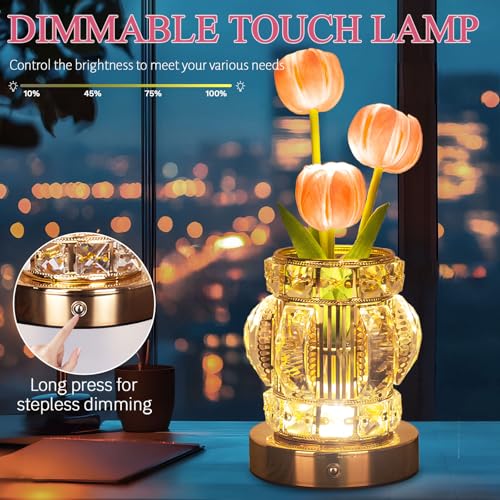Tulip Table Lamp, Rechargeable Cordless Touch Dimming Artificial Tulip Flower Desk Lamp, LED Crystal Lamp Flower Bedside Night Light, Romantic Gifts for Girl Women Mom (Pink - Tulip) - color: Pink - Tulip