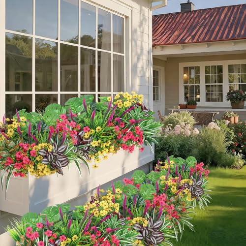 Dremisland 20 Bundles Fake Flowers Artificial Plants for Outdoors UV Resistant Faux Greenery Stems Silk Flowers Realistic Plastic Ferns Shrubs Plants for Planter Garden Patio Window Box Home Decor - color: With Flower