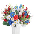 4th of July Artificial Flower Bouquet, 11 Stems Red White and Blue Faux Flowers with Roses Tulips and Baby's Breath, Patriotic Table Centerpiece for Home Vase Decor