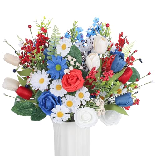 4th of July Artificial Flower Bouquet, 11 Stems Red White and Blue Faux Flowers with Roses Tulips and Baby's Breath, Patriotic Table Centerpiece for Home Vase Decor