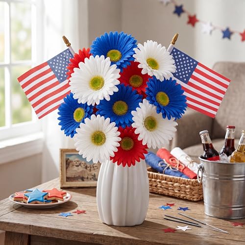 Tigeen 14 Pcs 4th of July Decor Red White Blue Artificial Flower Patriotic Decoration Daisy Flower with 2 Flag 250th Anniversary Table Centerpieces for Memorial Veterans Independence Day Home Decor - style: Daisy