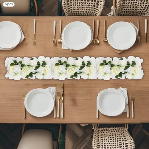 6 Pcs Wedding Arch Artificial Flower - Silk Fake Rose Wall Arrangement, Realistic Flower Row Mat Backdrop for Wedding Wall Reception Ceremony Party Decoration (White) - color: White