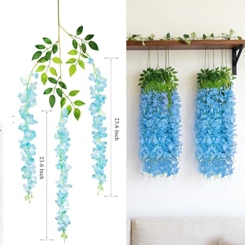 HUAHUA Artificial Wisteria Flowers, White Dense Artificial Fake Wisteria Vine Ratta Hanging Garland Silk Flowers String for Home Party Wedding Decor (24pcs Blue) - color: 24pcs Blue