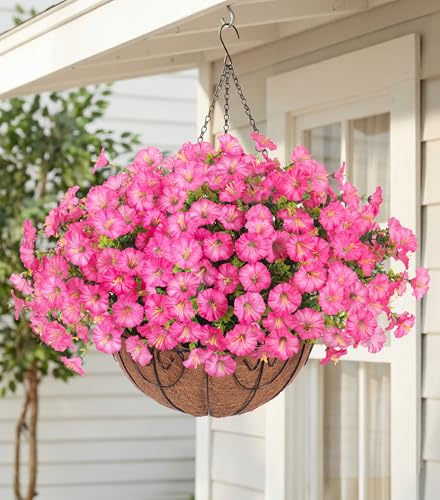Artificial Faux Hanging Flowers Plants Baskets for Outdoors, Fake Silk Morning Glory Eucalyptus in Planter UV Resistant Realistic Outdoor Flowers for Outside Porch Patio Balcony Garden Yard Home Decor - color: Pink 2