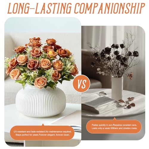 Fake Roses Burnt Orange Roses Artificial Roses Silk Roses Artificial Roses with Stems 24 Full Flower Heads Faux Roses for Outdoor Indoor Centerpieces home Wedding Farmhouse Decoration No Vase(4PCS) - color: Burnt Orange 4pcs