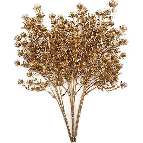 Christmas Artificial Flowers, Golden Baby Breath Gypsophila Plastic Plant Fake Plants for Wedding Bridal Bouquet Party Indoor DIY Home Office Table Centerpieces Arrangements Decoration - Gold 3 Pack - color: Gold Gypsophila - 3pcs