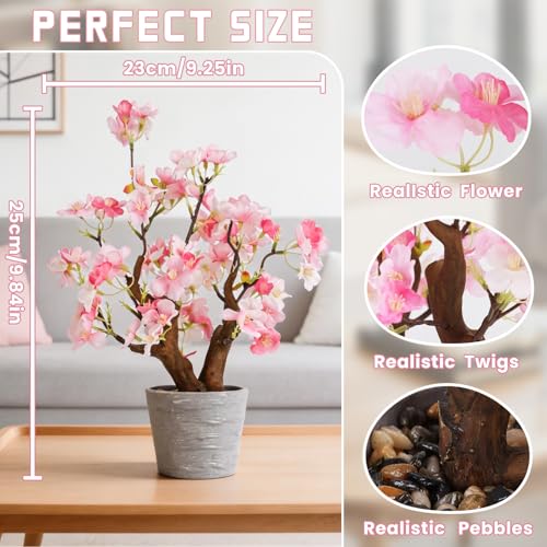 TOARTi Artificial Pink Cherry Blossom Potted Plant with Pot, 9.8" Tall Fake Flowers Faux Plant Desk Decor, Realistic Decorative Plants Indoor Decor for for Home Bedroom Bathroom Office Desk - color: Pink Cherry Blossoms-small 9.8''