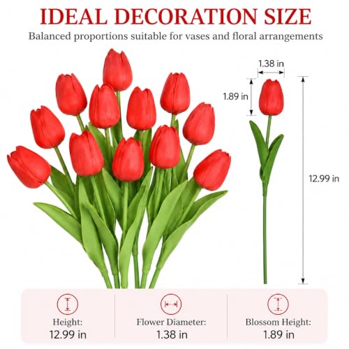 10 Pack Tulips Artificial Flowers PU Faux Flowers Fake Tulips for Home Kitchen Wedding Dining Table Decorations Mother's Day Easter Valentine's Day Decor (Red) - color: Red