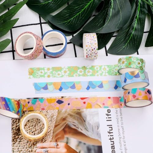 12 Rolls Gold Foil Floral Washi Tape Set Foil Masking Tape Decorative for Scrapbooking, Planners, DIY Crafts, Journal Supplies, Planners, Scrapbook, Gift Wrapping