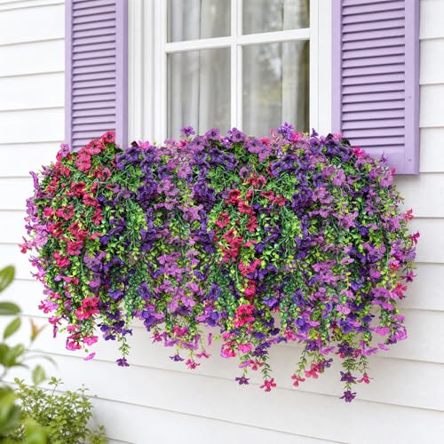 CLEANGOR 12Pcs Artificial Fake Hanging Flowers Plants for Outdoor (3 Color) | UV Resistant Artificial Outdoor Plant, Faux Silk Daisy with Eucalyptus Leaves, for Garden, Porch, Balcony, Yard Decor - color: Mix1(purple+rose Red+dark Purple)