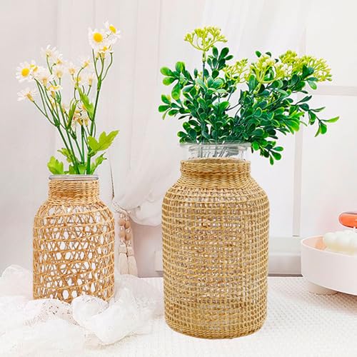MDEOOSKY Straw Woven Glass Vase 10.23''X3.93''X5.51''Boho Glass Flower Vase Country Rustic Style Vase Glass Vase for Floral Arrangements Bottle Height (B Style 10.23IN) - size: 10.25IN