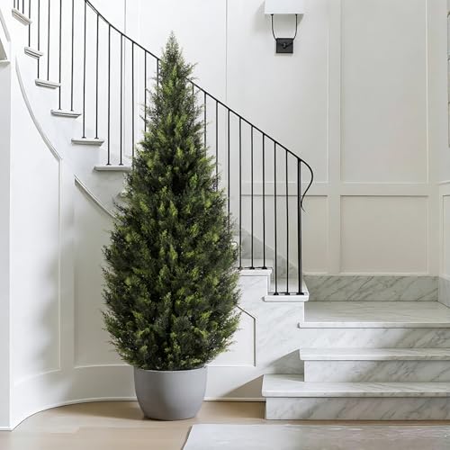 6FT Artificial Cedar Topiary Trees (1 Pack) - UV Resistant Faux Evergreen Shrubs Extra Dense Foliage Realistic Fake Pine Cypress Plants Easy Assembly for Front Porch Garden Indoor Office Decor - color: Cedar Tree 6ft