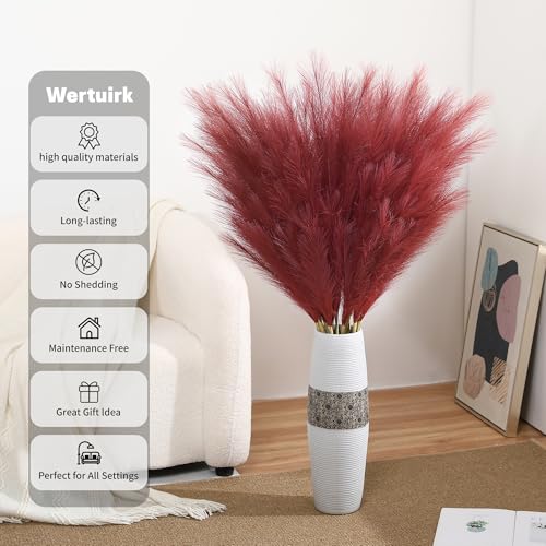 Wertuirk Burgundy Pampas Grass Decor, 8 Pcs 45 Inch Tall Large Faux Pompous Grass, Long Artificial Flowers for Floor Vases, Wedding Centerpieces, Baby Shower and Home Decoration (Burgundy) - color: Burgundy