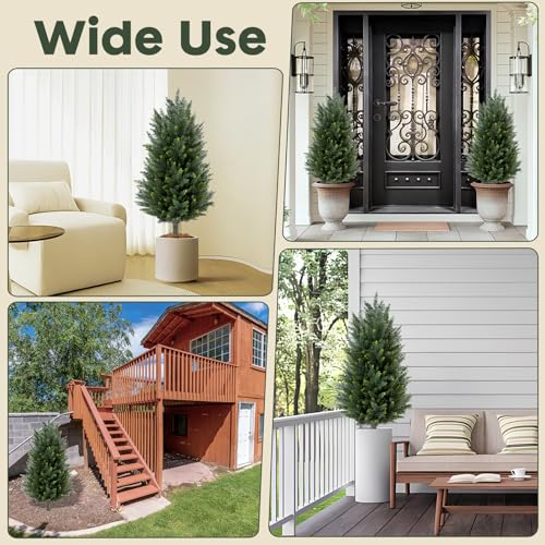 Set of 2 Artificial Cedar Topiary Christmas Trees, 3FT UV-Resistant Faux Cypress Shrubs with Ground Spikes — Tall Evergreen Decorative Plants for Outdoor and Indoor Porch, Patio, and Garden - color: 2pcs 3ft Cypress Tree