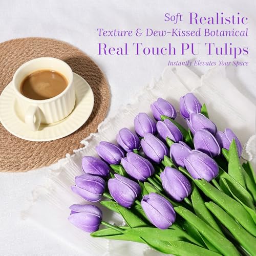 Beferr 18pcs Tulips Artificial Flowers Faux Tulip Real Touch Tulip Fake Flowers Bouquets Arrangements for Mothers Day Spring Easter Wedding Home Table Decor - color: M-18pcs-1colors-lavender, size: 18PCS