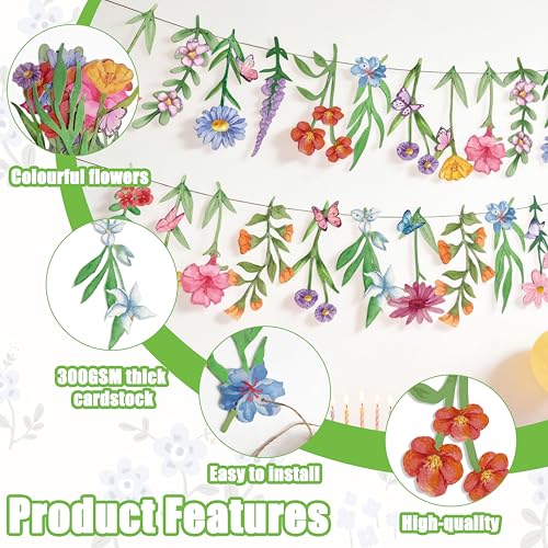 2Pcs Spring Wildflower Party Hanging Decorations, Watercolor Floral Banners Spring Wildflower Cutouts Garland Backdrop for Spring Summer Girls Garden Birthday Wedding Party Decor Supplies, 9.8Ft