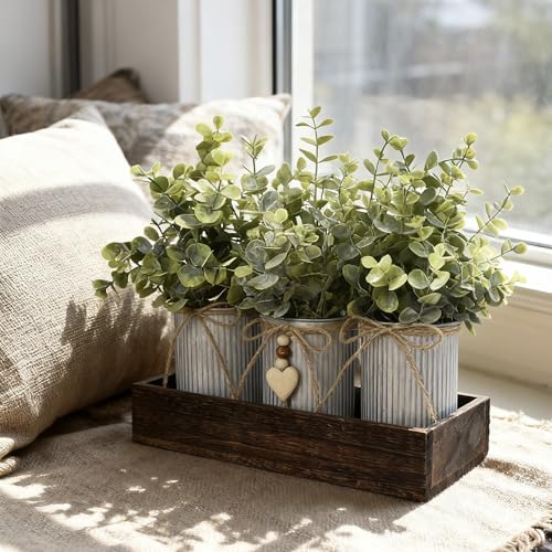 Rustic Farmhouse 3-Piece Artificial Eucalyptus Centerpiece – Wooden Tray with 3 Galvanized Metal Pots & Faux Greenery – Table Decor for Dining Room, Kitchen, Living Room, Bathroom, Office - color: Eucalyptus Plants