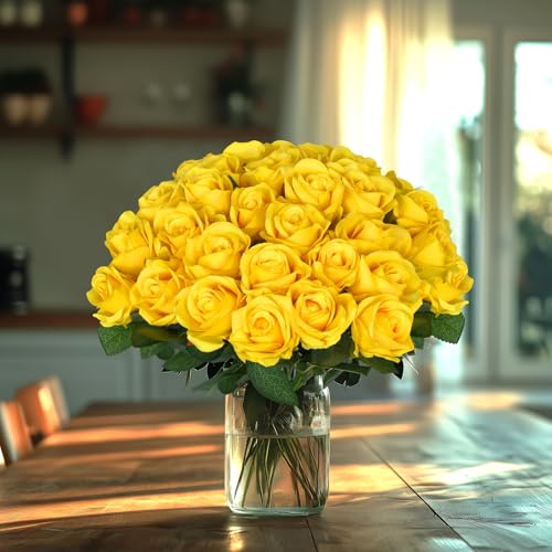 30pcs Fake Roses Artificial Silk Flowers Long Stems Bouquet for Wedding Bridal Shower Party Home Decoration (Yellow) - color: Yellow