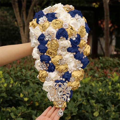 Handmade Satin Rose Water Drop Bridal Bouquet,8.7inch Crystal Wedding Round Tossing Bouquet,Jewelry Proposal Bridesmaid Bouquet Groom Corsage Bride Wrist Flower Ivory (07#Ivory Navy Gold) - color: 07#ivory Navy Gold
