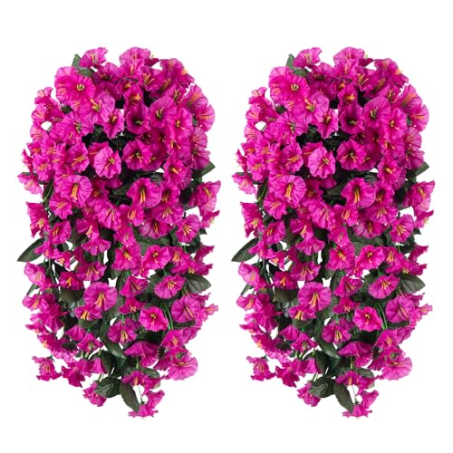 Fake Flowers for Outdoor Spring Decoration, 2 Bundles Artificial Silk Fuchsia UV Resistant Lifelike Morning Glory Long Trailing Vines for Hanging Planter Porch Patio Decor - color: Fuchsia