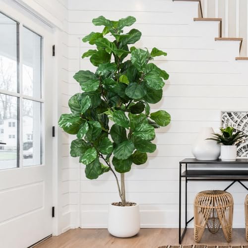 Faux Fiddle Leaf Fig Tree 6ft Tall Indoor Fake Tree in White Pot with 106 Leaves Artificial Ficus Lyrata House Plant for Indoor Home Office Bedroom Living Room Decor Perfect Housewarming Gift - size: 6ft