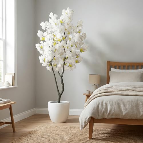 White Faux Cherry Blossom Tree, 6.5FT Tall Artificial Floral Plants with Realistic Green Leaves, Large Fake Sakura Flowers Tree Indoor Decor for Bedroom Living Room Office - color: White-ap33