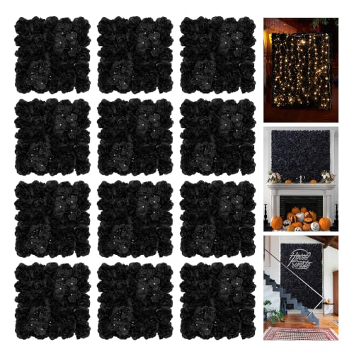Flower Wall Backdrop 12pcs 16.5x16.5 Inch Floral Wall Panel Artificial Silk Rose Wall Decor Ideal for Wedding Celebrations, Festive Party Backdrops, and Home Decor-Black - color: Black, size: 16.5inch