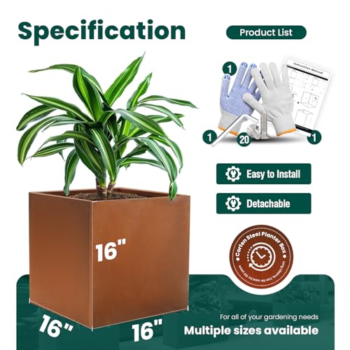 Corten Steel Planter Box Metal Planters Square Outdoor Steel Planter Cube Rustic Planter 16 Inch for Commercial Residential Garden Patio and Backyard - color: Rust, size: 16" L x 16" W x 16" H