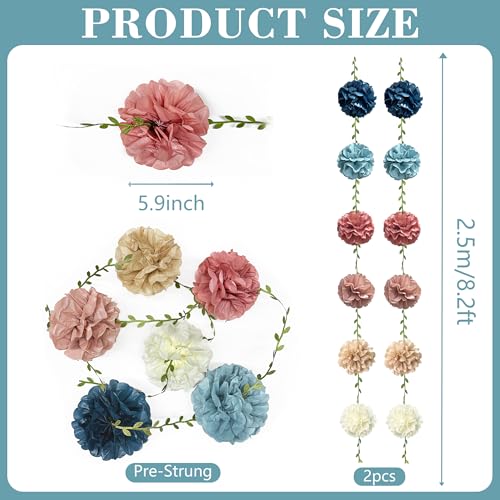 Dusty Rose Pink Blue Khaki Beige Tissue Paper Flowers Pom Pom with Leaf Ribbon Hanging Garland Streamer for Gender Reveal Baby Shower He or She Boy or Girl Vintage Themed Party Decorations Supplies - color: dusty blue pink