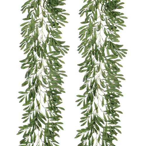 RECUTMS 2Pcs Artificial Olive Leaves Garlands 6.2Ft Fake Hanging Silk Willow Leave Ivy Vines Faux Bayberry Leaf Twigs Greenery Rattan for Indoor Outdoor Wedding Birthday Party Home Garden Table Decor - color: Olive Green