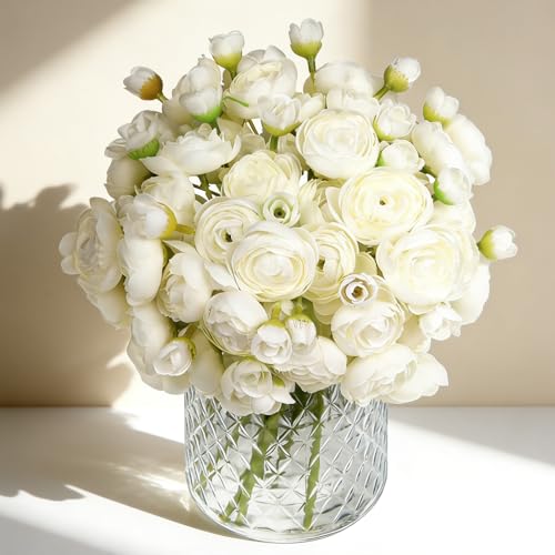 24 Pcs Ranunculus Artificial Flower Faux Silk Mini Ranunculus Flowers Fake Flowers for DIY Bouquet,Centerpieces Tables, Wedding Decor, Bridal Shower Decorations,Home Decor(White) - color: White