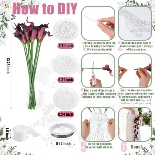 Suncalla 20 Pcs Calla Lily Artificial Flowers Burgundy DIY Wedding Bouquet for Bride Wedding Table Centerpieces Decorations with Ribbon and Pearl for Floral Arrangement DIY Craft Bridal Flower Gift - color: Claret, style: Calla Lily