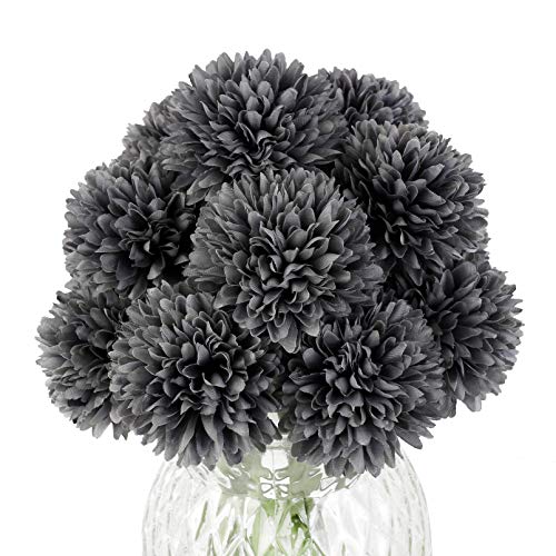 12pcs Gray Artificial Flowers Fake Flowers Silk Artificial Chrysanthemum Ball Hydrangea Bridal Wedding Bouquet for Home Garden Party Decor (Gray) - color: Gray，12pcs