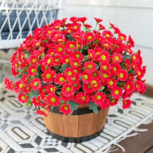 Daisy Artificial Flowers for Outdoors Decoration, 6 Bundles Fake Plants Flowers Bouquet Faux Flowers for Outdoor Planter Look Real UV Resistant Silk Flowers for Outside Front Door Porch Patio, Red - color: Red