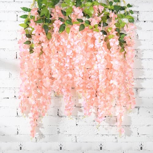 48Pcs Artificial Wisteria Hanging Flowers, 3.6Ft/Pcs Pink Fake Wisteria Garland for Wedding Party Home Garden Indoor Outdoor Decoration - color: Pink, size: 48Pcs