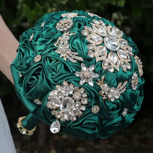 8.7in Dark Green Bridal Wedding Bouquet Handmade with Luxury Gold Rhinestone Brooch for Bride Bridesmaid Quinceanera Satin Rose Bouquet Flower Wedding Dark Green - color: Dark Green, size: Large (DIA. 8.7"/22cm)