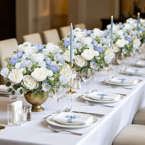 Bundles Artificial Peonies, 24 Bundles Silk Dusty Blue White Peonies with Stems Faux Peony Bundles for Summer Wedding Bouquet Home Bridal Baby Shower Party Centerpieces Vase Office - color: Dusty Blue & White