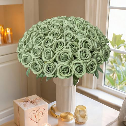 50 PCS Green Roses Artificial Flowers, Fake Roses with Stem Realistic Silk Roses for DIY Wedding Bouquets Tables Centerpieces Arrangements Baby Shower Birthday Home Decor Valentine's Day Gift for Her - color: Elf Green