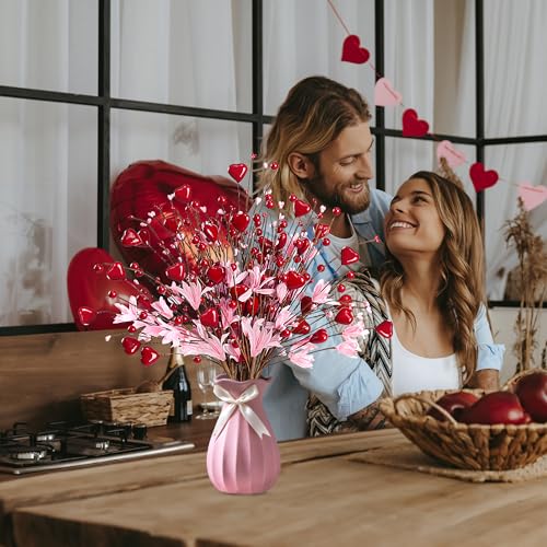 Valentine’s Day Gifts 12 Pcs Heart Shaped Berry Picks Artificial Red Heart Berry Twigs Forsythia Stem Branches with Pink Flowers for Valentine’s Day Anniversary Flower Bouquets Wedding Home Decor - color: Red and Pink