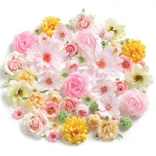 Fake Flowers Heads Bulk Pink Green Mini Artificial Silk Flower for Crafts, Small Artificial Daisy Roses Faux Flowers for Graduation Cap DIY Cake Wedding Party Home Garland Decoration - color: Pink Green