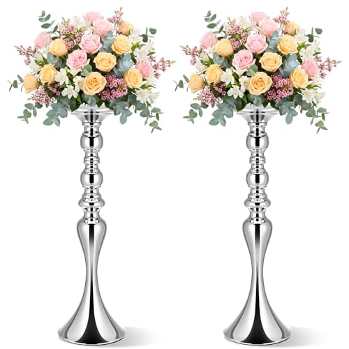 Sadnyy 2 Pcs Sliver Metal Flower Arrangements Stand Tall Wedding Centerpiece Stand Table Decor Flower Vase for Wedding Reception Event Party Dinner Home Decor(16.9 Inch) - size: 16.9 Inch