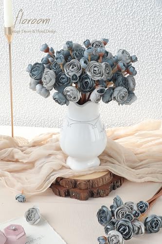 Floroom Ranunculus Artificial Flowers 18 Pcs Dusty Blue Faux Silk Mini Ranunculus Bulk Fake Wedding Filler Flowers for DIY Bouquets, Centerpieces, Bridal Shower Decorations & Arrangements - color: Dusty Blue