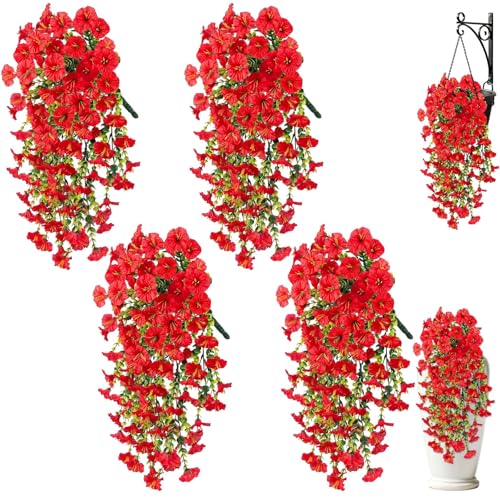 Artificial Hanging Flowers for Outdoors, 4Pcs UV Resistant Artificial Hanging Morning Glory Flowers, Spring Realistic Faux Outdoor Flower for Porch Patio Yard Garden Farmhouse Decor (Red) - color: Red