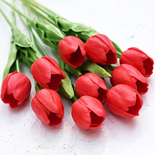 FiveSeasonStuff Real Touch Tulips Artificial Flowers – 15 Stems Faux Tulip Bouquet in Gift Box for Wedding, Home Decor, Party, Floral Arrangements (Scarlett Red) - color: #7 Scarlet Red