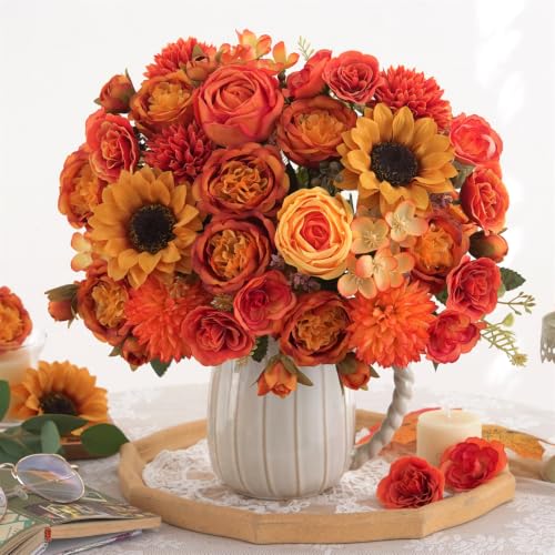 8 Pcs Mixed Autumn Artificial Peony Flower Set-4 Bouquets & 4 Stems, Orange Yellow Fake Peony Sunflower Rose Silk Flower for Fall Table Centerpiece Farm Wedding Thanksgiving Halloween Home Decor - color: Orange & Yellow, size: Mixed 8pcs