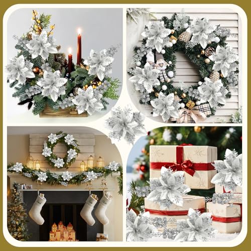 trytuny 50pcs Glitter Poinsettia Christmas Ornaments, Artificial Flowers with Clips Stems for DIY Wreath Making, Holiday Home Party Decorations, Indoor Use (Sliver) - color: Sliver
