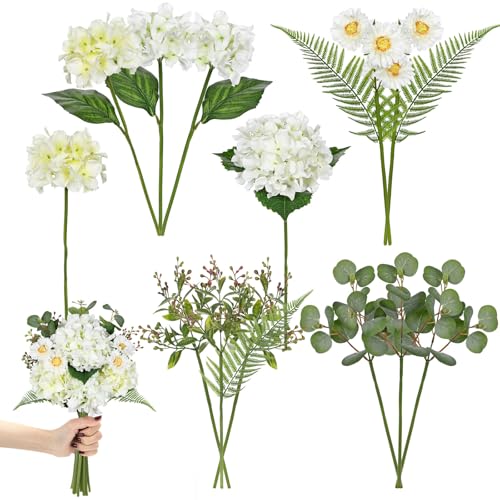Hydrangea Artificial Flowers, 12PCS Mixed White Faux Flowers with Hydrangea & Daisies, Up to 17.3 Inch Long Silk Fake Flowers for Vase DIY Wedding Bouquet Party Centerpieces Arrangement Home Decor - color: Hydrangea, White